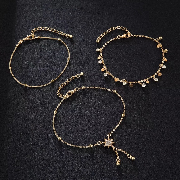 Bohemian 3 Pcs Crystal Star and Gold Anklet Set - Picture 8 of 10